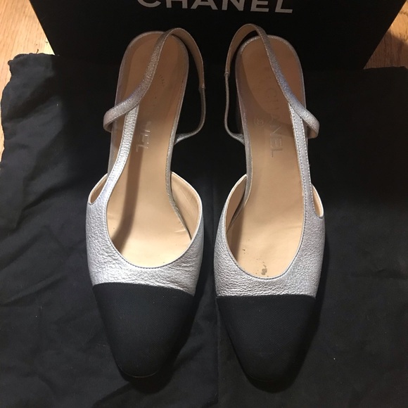 chanel silver slingback